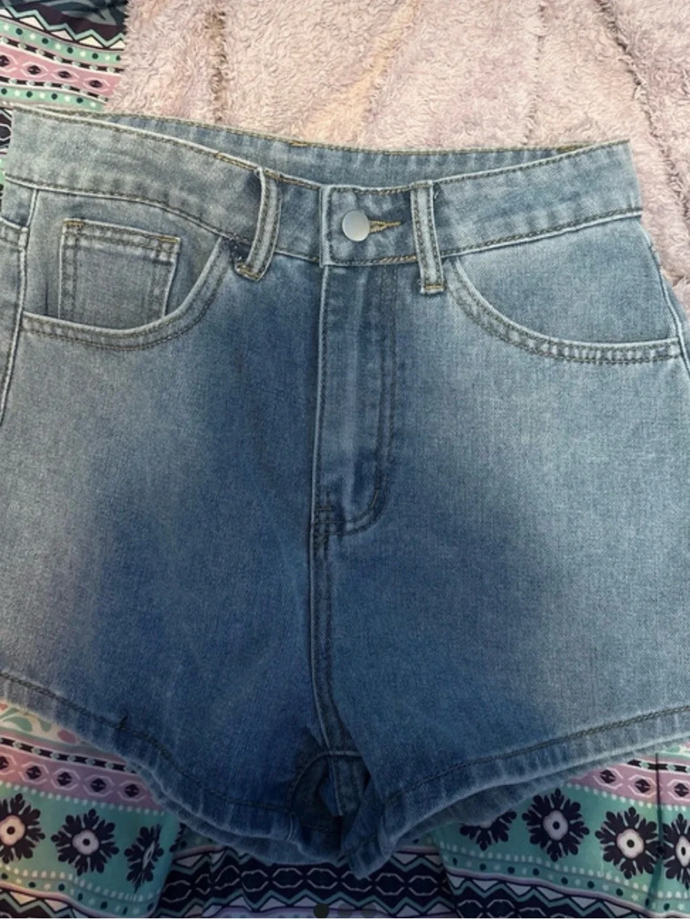 SHEIN Light Blue High-Rise Denim Shorts with Bow Pocket Print